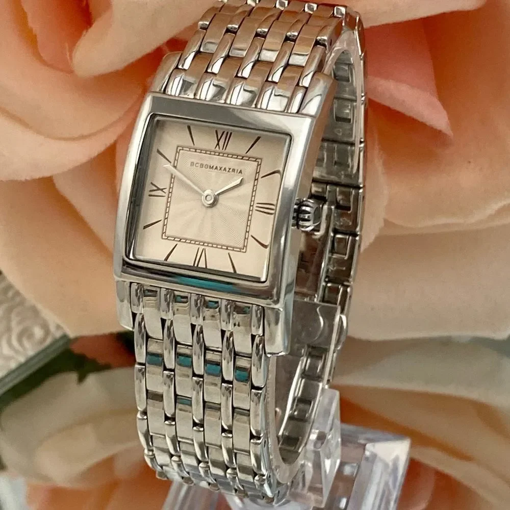 BCBGMaxAzria Stainless Steel Tank Style Dress Watch Roman Numerals
